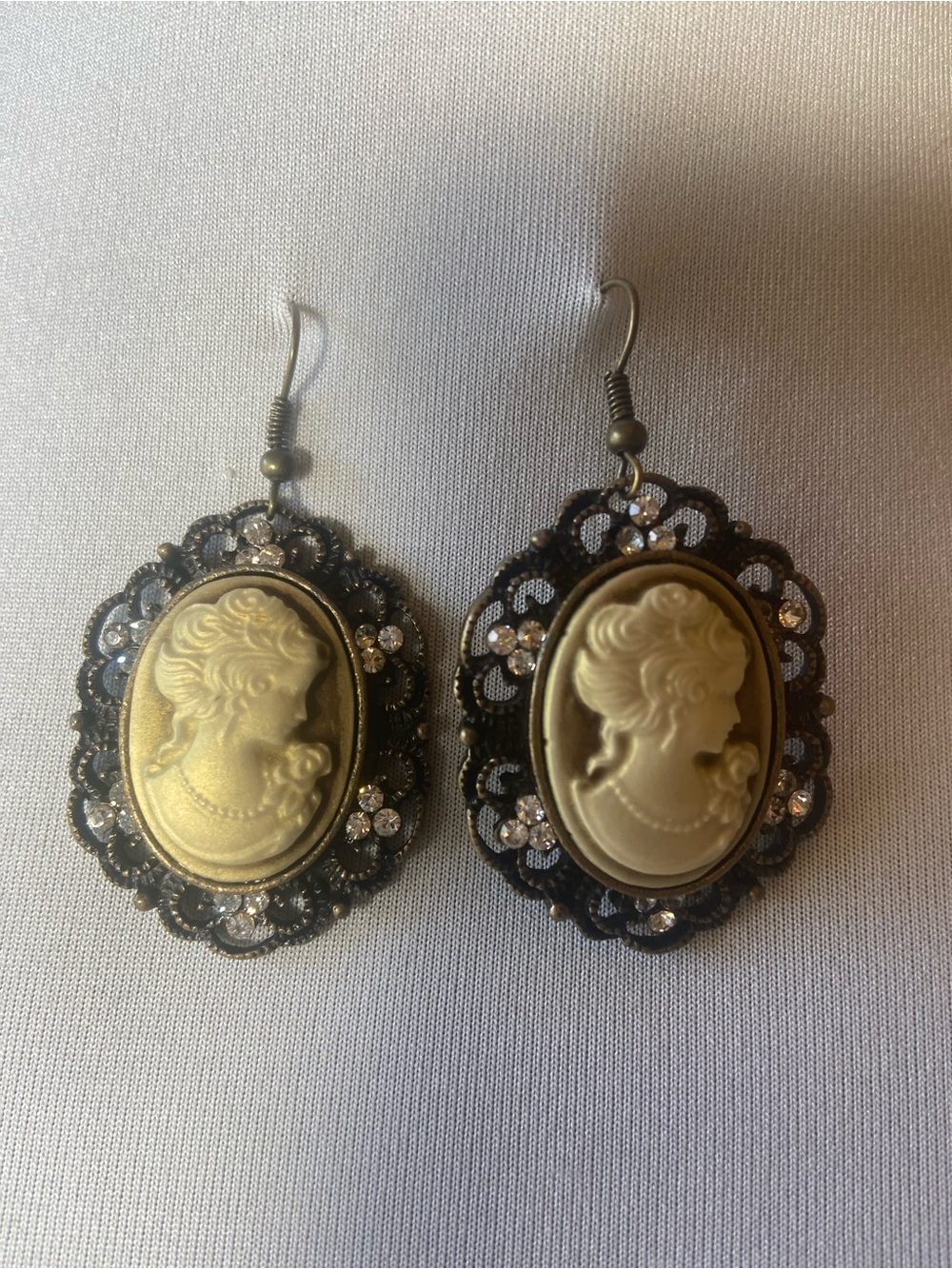 Victorian-Style Cameo Drop Earrings in Gold and Black Filigree